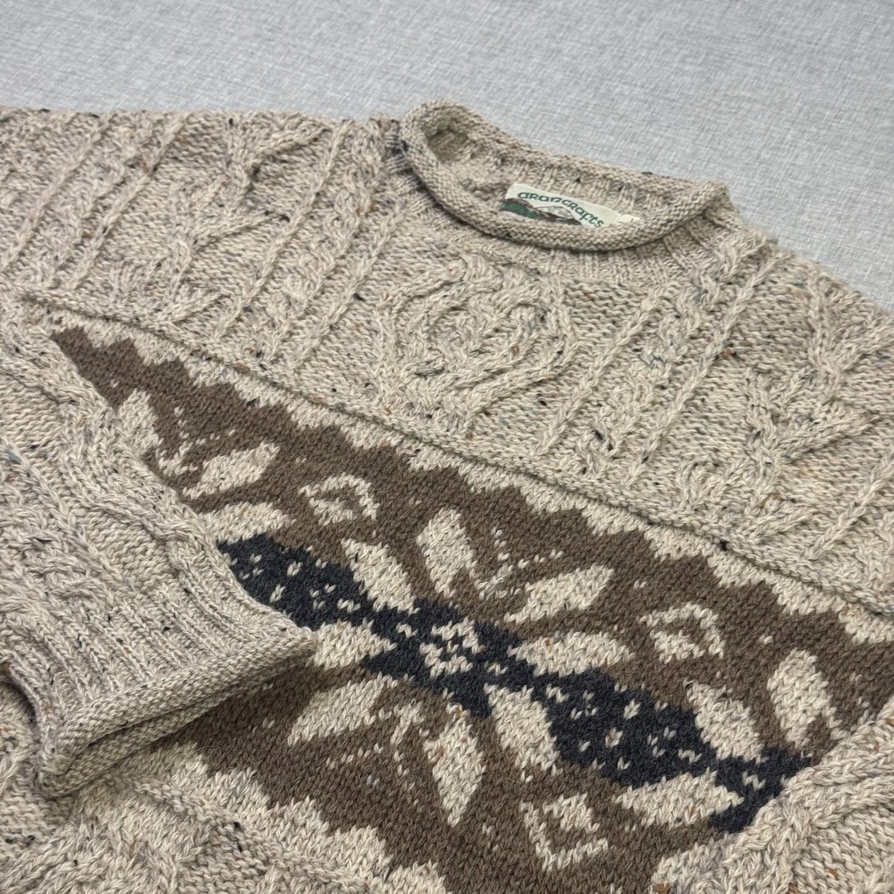 Aran Crafts Ireland Wool Roll Neck Sweater Mens L Beige Fair Isle Heavyweight